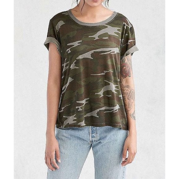 Urban Outfitters Marnie Camo T-Shirt Olive Green Gray Distressed Destroyed Top S - Picture 2 of 12